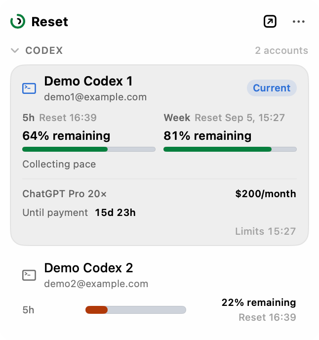 Reset’s menu bar popover showing remaining usage and reset times.